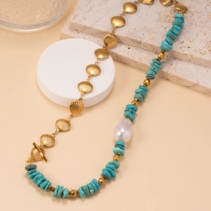 Bohemian gold shell necklace with blue turquoise beads, baroque pearl and OT toggle clasp