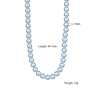 Detail showing 8mm light blue pearl necklace with 40+5cm length and metal clasp