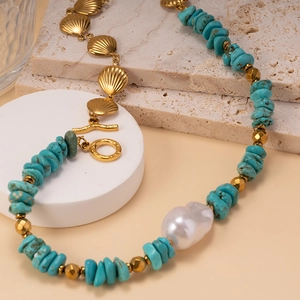 Turquoise and baroque pearl stainless steel chain necklace with golden shell and T-bar clasp