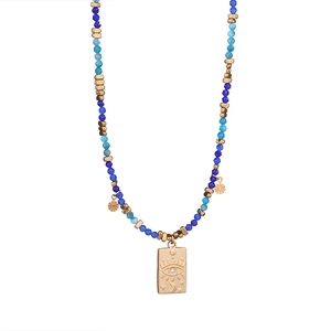 Boho-Halskette aus Edelstahl mit blauen Steinen und Mond-Sterne-Auge-Anhänger