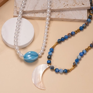 Bohemian style pearl necklace with blue pendant and moon shell bead jewelry