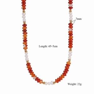 Detail view of 7mm red agate beads and white pearls with 45cm adjustable chain specs