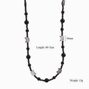 Detailed size view of black agate beaded necklace with cat pendant and dimensions