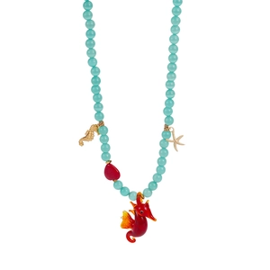 Stainless steel beaded necklace with blue stones and sea horse starfish charms