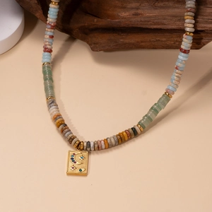 Bohemian natural stone beaded necklace with celestial gold star moon pendant