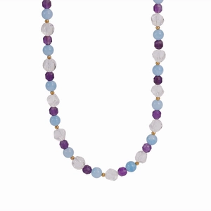 Detailed close-up of beaded necklace with purple, light blue and transparent crystals