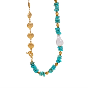 Bohemian turquoise and shell stainless steel chain necklace with baroque pearl and toggle clasp