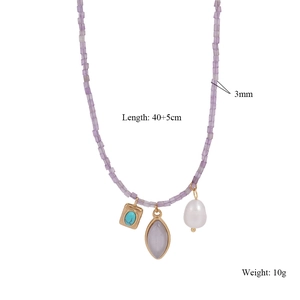 Detail of 3mm purple beads necklace with turquoise, lilac gem and baroque pearl charms