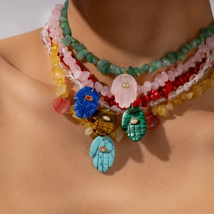 Collier Ethnique Bohême Avec Perles En Pierre Naturelle Et Pendentif Main De Hamsa Collier En Acier Inoxydable Pour Femme