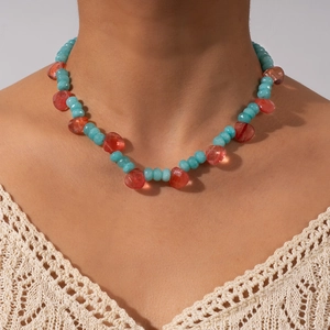 Colorful watermelon crystal and aquamarine beaded necklace with red heart charms