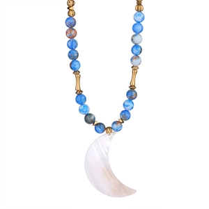Bohemian natural stone necklace with blue marble beads and white crescent moon pendant