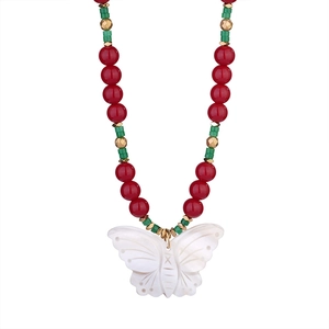 Bohemian beaded necklace with large white butterfly pendant and colorful beads