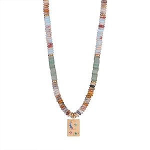 Colorful natural stone beaded necklace with a gold celestial sun and moon pendant charms