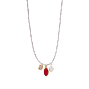 Detail of freshwater pearl and gemstone charms on a beaded stainless steel necklace