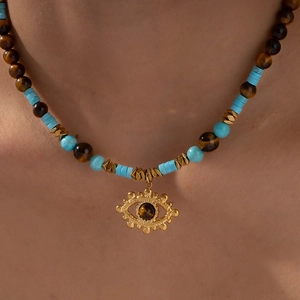 Tiger eye and turquoise beaded necklace with golden evil eye pendant for women