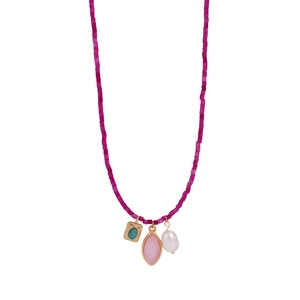 Bohemian stainless steel necklace with pink beads, turquoise pendant and freshwater pearl