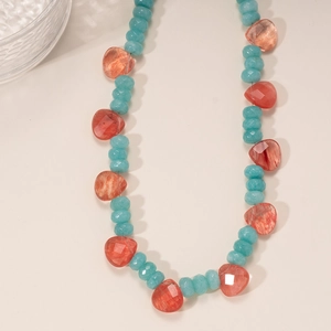 Colorful watermelon crystal and aquamarine beaded necklace with heart-shaped pendants