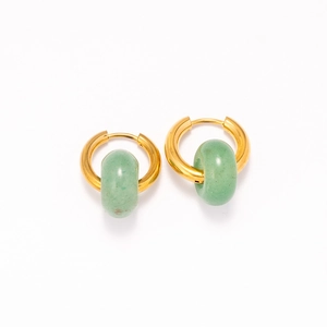 Close-up of 18k gold-plated hoops with light green natural stone charms on white background