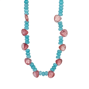 Colorful watermelon crystal and aquamarine beaded necklace with pink heart gemstones