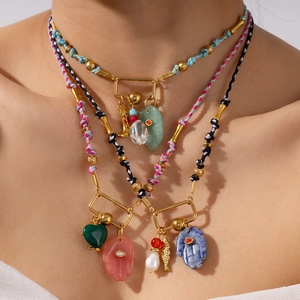 Bohemian Stainless Steel Braided Rope Pendant Necklace Hamsa Hand Evil Eye Sun Heart Artificial Pearl Ethnic Charm Jewelry