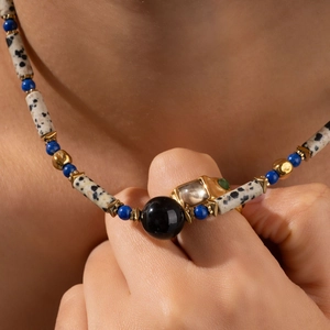 Minimalist Dalmatian Stone Black Agate Beaded Necklace For Women Elegant Natural Stone Titanium Steel Jewelry Festive Gift