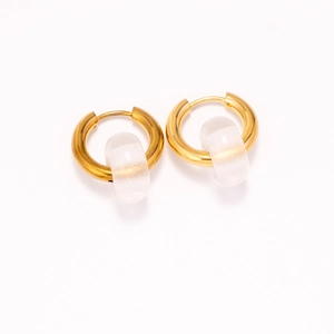 Detail view of 18k gold plated hoop earrings with frosted clear stone charms on white base