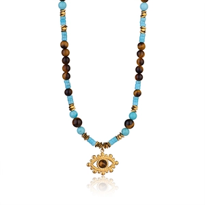 Bohemian blue turquoise and tiger eye beaded necklace with a golden evil eye pendant