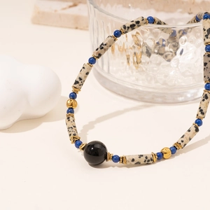 Minimalist beaded necklace with black onyx, Dalmatian stone, and lapis beads for women