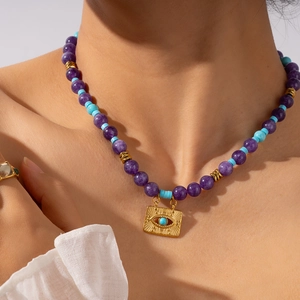 Bohemian Natural Tiger Eye Turquoise Beaded Necklace For Women Stainless Steel Evil Eye Pendant Healing Commuter Jewelry