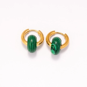 Detail view of 18k gold plated stainless steel hoops with green malachite stone beads
