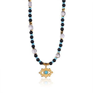 Ethnic Evil Eye necklace with blue pine and tiger eye beads on stainless steel chain