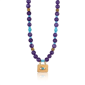 Blue turquoise and purple amethyst beaded necklace with golden Evil Eye pendant