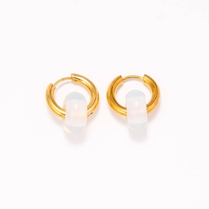 Detail view of 18k gold plated hoop earrings with white natural stone texture pendant