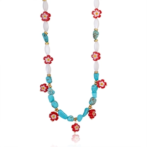 Böhmische Edelstahlhalskette mit blauen Türkisperlen und bunten floralen Anhängern