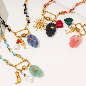 Bohemian colorful rope necklaces with 18k gold plated Hamsa hand and evil eye pendants