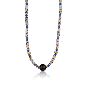 Minimalist beaded necklace with dalmatian jasper, blue beads and black agate center