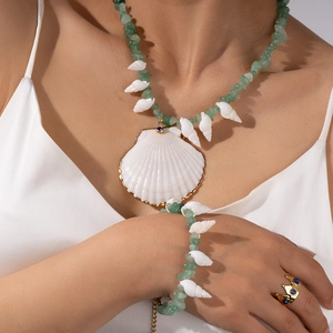 Bohemian Green Aventurine Beaded Necklace With Scallop Shell Pendant Conch Bracelet Titanium Steel Jewelry For Women Beach