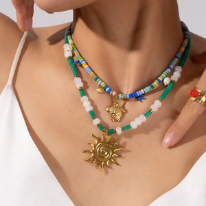 Bohemian Stainless Steel Beaded Necklace For Women Beach Starfish Turtle Sun Shell Pendant Natural Stone Artificial Pearl Jewelry Gift