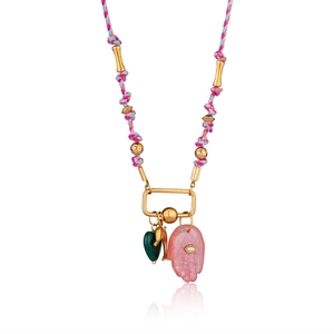 Colorful hand-woven cord necklace with 18k hamsa hand and heart stone pendants