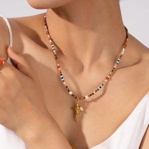 Bohemian Beaded Necklace With Angel Turtle Pendant Colorful Natural Stone Artificial Pearl Stainless Steel Chain Necklaces For Women