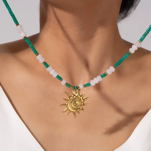 Starfish beaded necklace with natural stone and sun pendant for beach jewelry styling