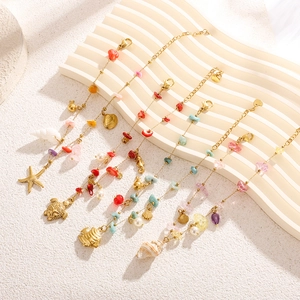 Gold stainless steel beaded anklet with colorful natural stones and ocean charms