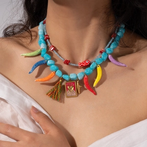 Bohemian Multicolored Chili Natural Stone Stainless Steel Pendant Necklace Colorful Tassel Heart Star Vacation Jewelry Women