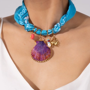 Bohemian Printed Scarf Necklace For Women Stainless Steel Marine Pendants Shell Seahorse Heart Fish Charms Summer Jewelry