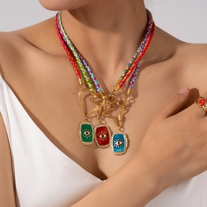Collier Pendentif Oeil du Diable en Acier Inoxydable Bohémien Émail Strass Corde Tressée Fermoir Mousqueton Bijoux pour Femmes