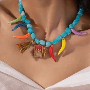 Bohemian colorful chili pendant necklace with blue beads and star charms for women