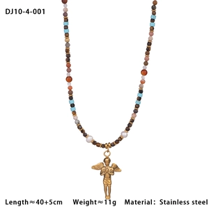 Detail of beaded necklace with stainless steel angel pendant and natural stones