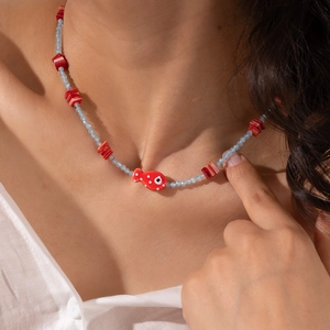 Colorful chili and fish natural stone beaded stainless steel necklace for women