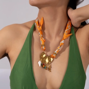 Bohemian Stainless Steel Satin Scarf Necklace for Women Hammered Metal Heart Fruit Fish Shell Pendants Summer Resort Jewelry