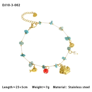 Detail of stainless steel anklet with blue natural stones and shell charm accents